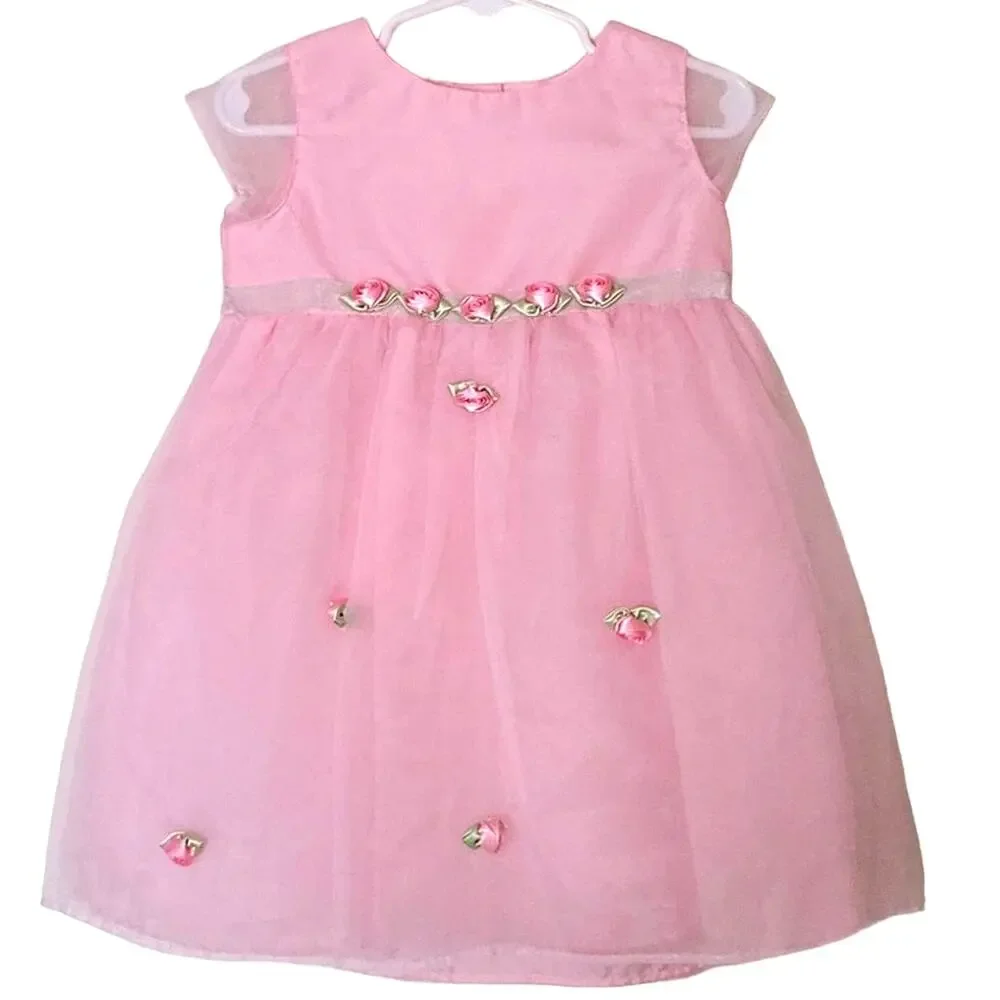 La Princess Sheer Pink Infant Girl Dress w/ Pink‎ Rosettes 24 Months